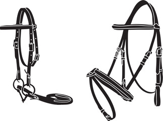 Collection of Horse Bridles: Equestrian Ammunition Vector, Equestrian Gear: Vector Illustration of Horse Bridles, Equestrian Equipment: Brown Snaffle Bridle Vector