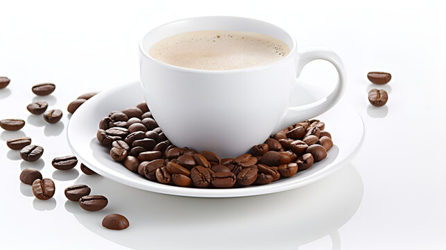 cup of coffee with beans, White cup of coffee and coffee beans, cup of coffee with coffee beans on white background.