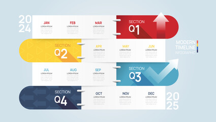 Business road map timeline infographic arrow template. Modern milestone element timeline diagram calendar and 4 quarter topics, vector infographics.