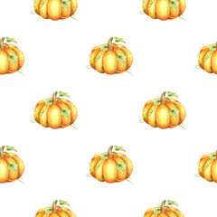 Ripe orange and green pumpkins and leaves. Farm organic autumn vegetables. Autumn decoration. Watercolor seamless pattern. For fabric, wrapping paper, scrapbooking, postcards, invitations, cards