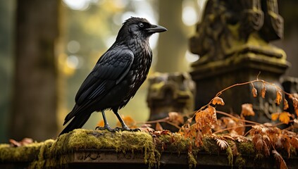Crow sitting on a grave in a cemetery in the autumn. - obrazy, fototapety, plakaty