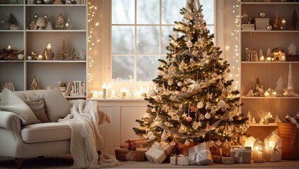 Beautiful Christmas tree with presents and fireplace in living room at home
