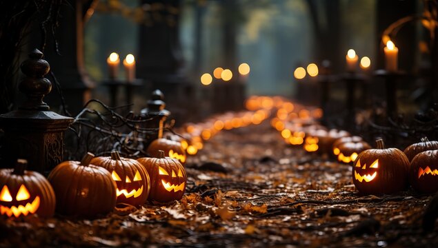 Halloween pumpkins in cemetery with candles and lanterns.
