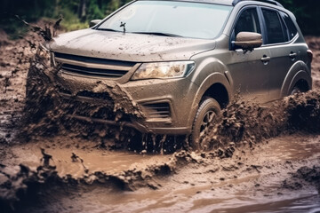 Cross-country ability tests of modern cars. Off-road travel along a dirty forest road. Dirty car in the mud.