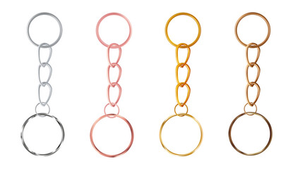 A set of copper or bronze, gold or brass, silver or steel, pink gold keychains in the shape of a circle. Metal key holders isolated on white background. Realistic vector illustration.
