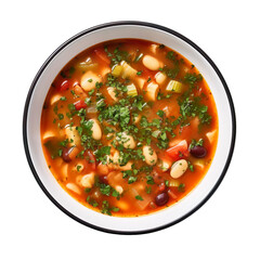 Top view of Italian food Minestrone Soup isolated on a white transparent background 