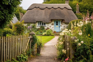 Ai generated A charming country cottage with a thatched roof  - obrazy, fototapety, plakaty