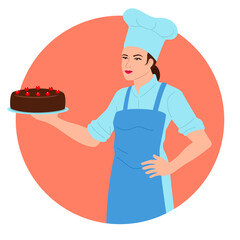 Clip art of a female chef proudly holding a chocolate cake. This image is perfect for bakery advertisements, dessert recipes, and cooking blogs
