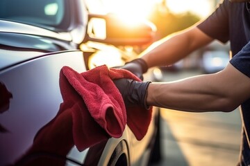 A car wash employee is cleaning a car with a microfiber cloth. Concepts about car detailing and car maintenance. - obrazy, fototapety, plakaty