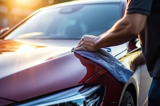 A car wash employee is cleaning a car with a microfiber cloth. Concepts about car detailing and car maintenance.