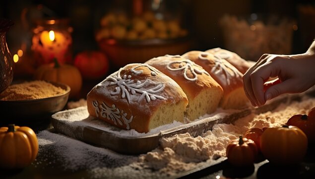 Female hands preparing bread for halloween on table with pumpkins