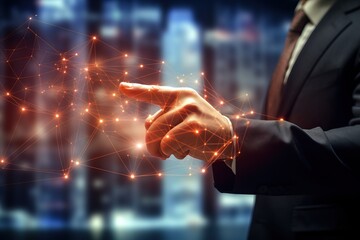 Close up of businessman hand pointing at glowing polygonal mesh on blurry office interior background. Technology, Double exposure