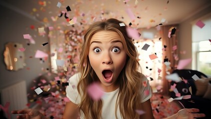 Surprised girl looking at confetti in living room at home