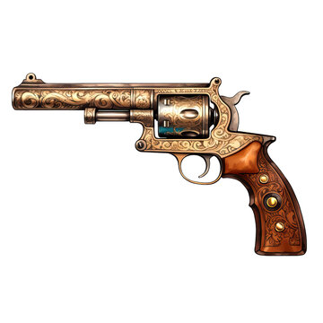 Old revolver painted watercolor isolated on white background