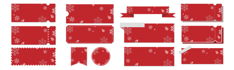 クリスマスセールに使える雪の結晶と赤背景のクーポンベクターアイコンデザインセット（枠のみ）