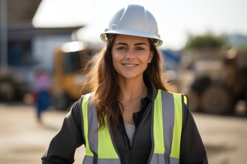 A young worker in a white helmet and vest stands on a construction site