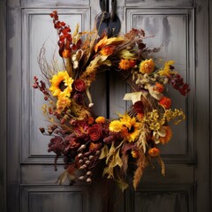 A wreath of autumn flowers on the front door for Thanksgiving