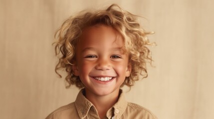 A little blond boy's joyful expression against a beige studio background.