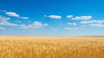 Naklejka premium A golden wheat field stretching to the horizon under a clear blue sky, ready for harvest