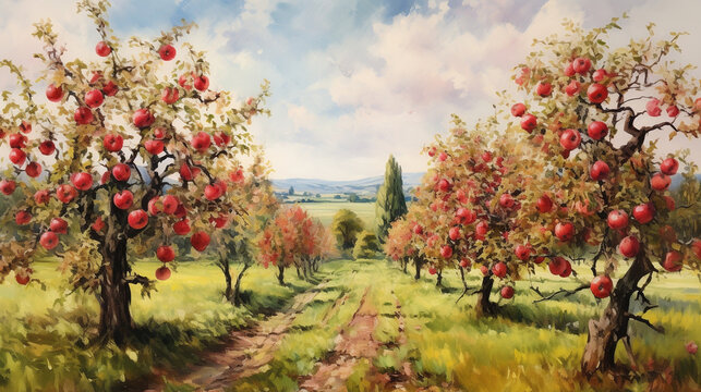 An idyllic apple orchard in the autumn, with trees laden with red and green apples