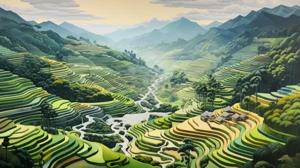 Papier Peint photo Lavable Kaki A serene landscape featuring terraced rice paddies cascading down a mountainside