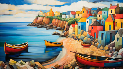 A tranquil scene of a rural fishing village, with colorful boats resting on the shore