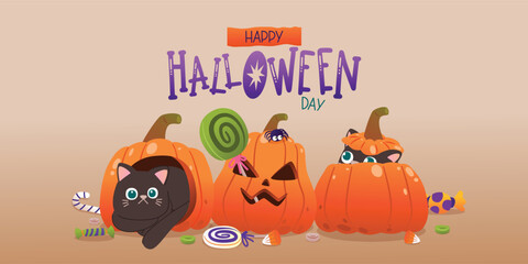  Cute Black Cat with Jack O Lantern Playing Trick or Treat Poste,r Banner for Halloween Celebration, Vector, Illustration