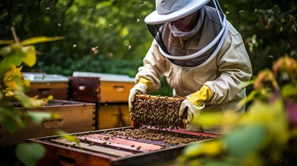 Fotobehang A beekeeper in protective gear tending to his hives, with bees buzzing around him in a garden © Наталья Евтехова