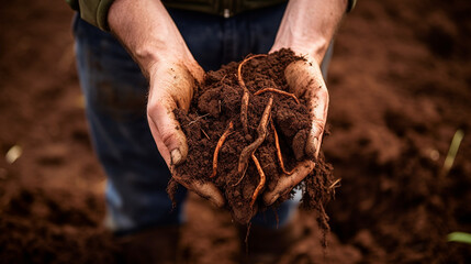 A close-up of a farmer examining a handful of rich, dark soil, filled with earthworms and organic matter - obrazy, fototapety, plakaty