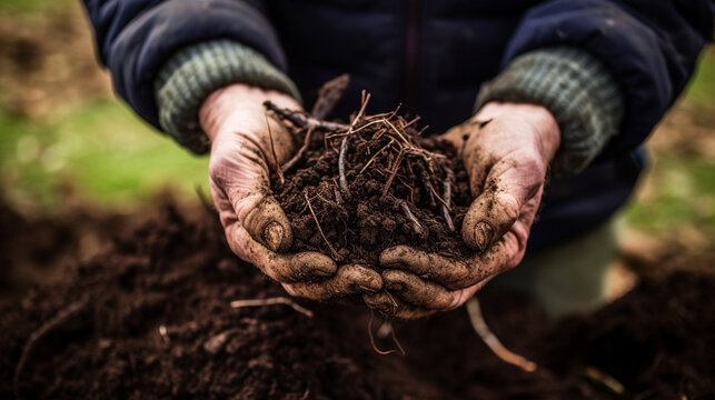 A close-up of a farmer examining a handful of rich, dark soil, filled with earthworms and organic matter