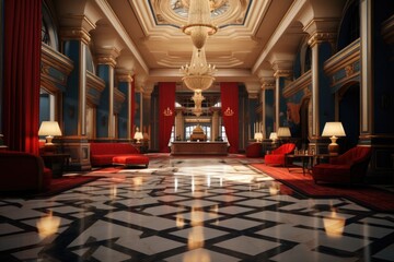 The interior of the red hall of a luxurious spacious hotel - obrazy, fototapety, plakaty
