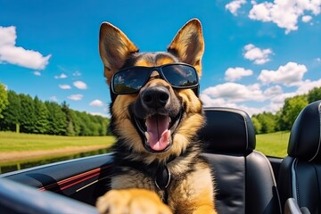 Portrait of a German shepherd dog with goggles sitting in a car. Background with landscape panorama.