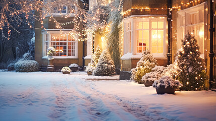 Christmas in the countryside manor, English country house mansion decorated for holidays on a snowy winter evening with snow and holiday lights, Merry Christmas and Happy Holidays