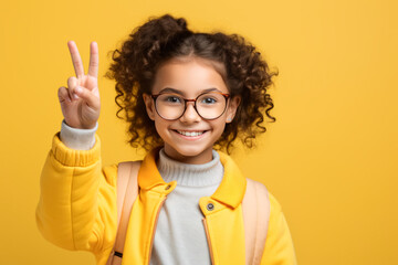 little schoolgirl showing V-sign gesture smiling isolated yellow color background. back to school