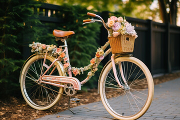 Fototapeta na wymiar Ai generated A charming vintage bicycle adorned with flowers.
