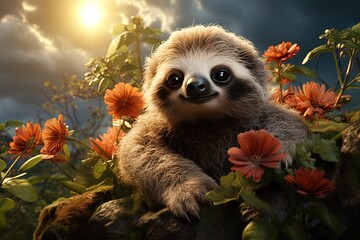 Cute sloth on the background of flowers in the meadow. generative ai