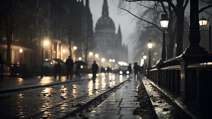 wide angal photo of a street, street lights, cold wether.