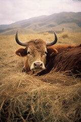 Discover the serenity of a rural field with cows peacefully grazing, a snapshot of tranquil farm life  Created with generative AI tools.