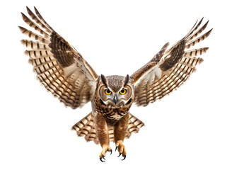flying horned owl front view on isolated background