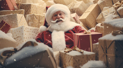 Santa Claus is hiding behind a stack of Christmas gift boxes.