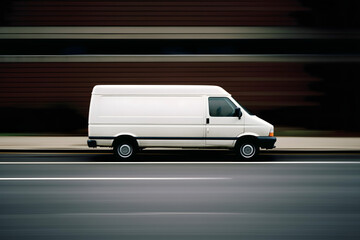 fast-moving white delivery van on the road - obrazy, fototapety, plakaty
