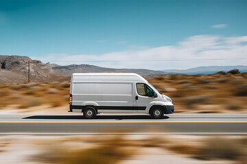 fast-moving white delivery van on the road - obrazy, fototapety, plakaty