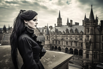 Fototapeta na wymiar Gothic Woman with Victorian Buildings. Generative AI. A digital rendering of a Gothic woman with Victorian buildings in the background.
