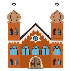 Isolated religious synagogue with two towers and jewish star. Spiritual architecture collection. Flat vector illustration on white background.