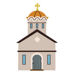 Isolated religious white orthodox church with gold cross. Spiritual architecture collection. Flat vector illustration on white background.