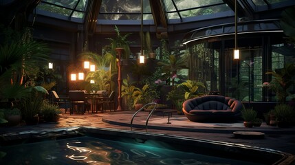 Fototapeta na wymiar Exotic futuristic style greenhouse spa in art deco design interior at a luxury hotel