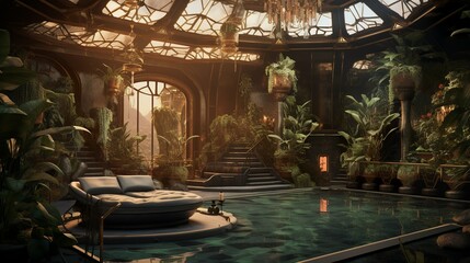 Asian exotic futuristic style greenhouse spa in art deco design interior at a luxury hotel - obrazy, fototapety, plakaty