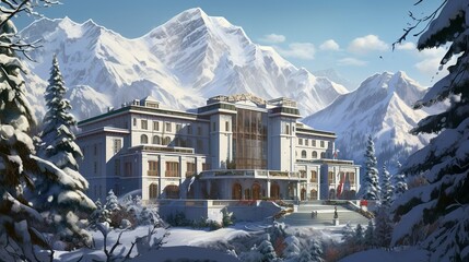 Modern art deco style mansion exterior in high altitude mountains in tibetian design