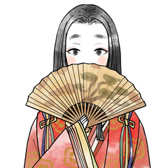 扇で顔を隠した平安時代の女性貴族