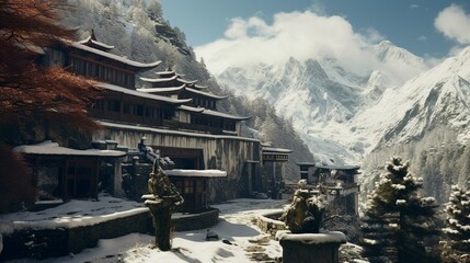 Asian style luxury mountain palace hotel for mountaineers and tourists in the high peaks
